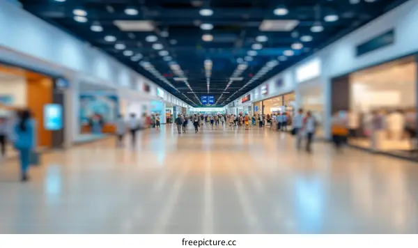 Crowded shopping mall with blurred people walking