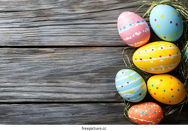 Colorful Easter Eggs on Rustic Wooden Background