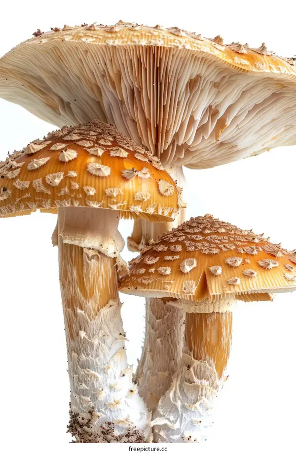 Three orange amanita mushrooms with white spots on their caps