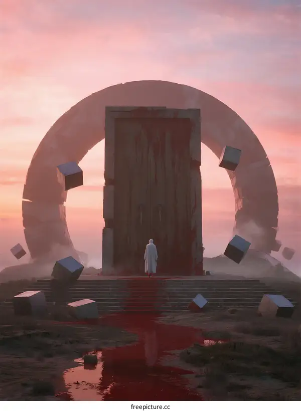 A lone figure stands before a massive stone portal in a surreal landscape