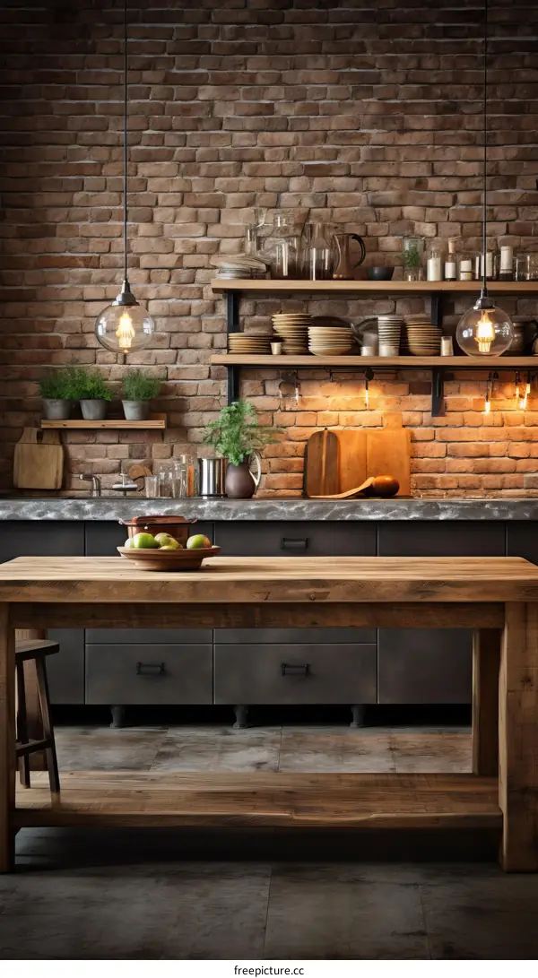 Rustic Kitchen with Wood Table and Brick Walls