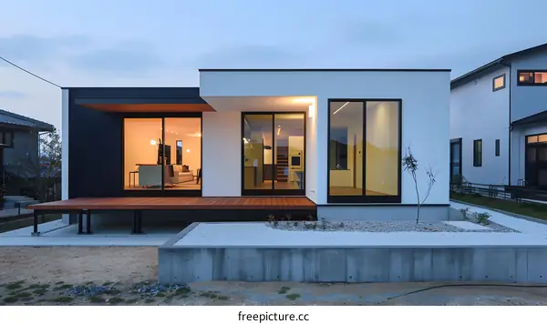 Modern Minimalist Home with Wooden Deck and Gravel Garden
