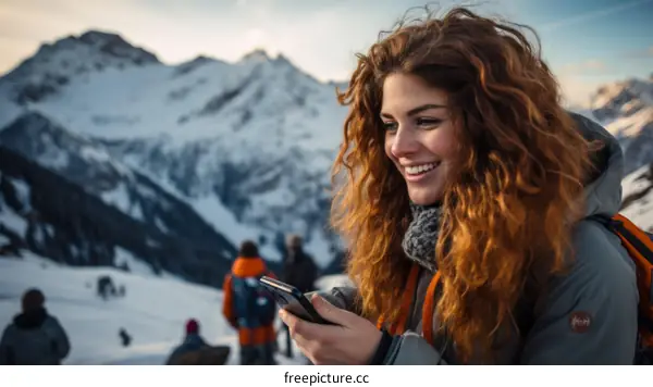 Smiling woman in winter clothes using a smartphone in the mountains