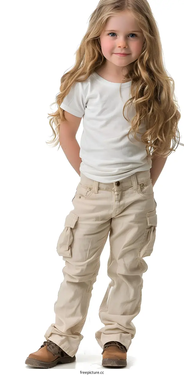 Little girl with blond hair wearing white shirt and beige cargo pants