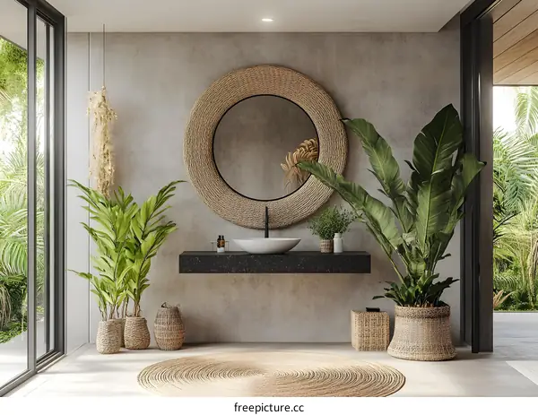Modern Bathroom Interior Design with Wicker Mirror and Plants