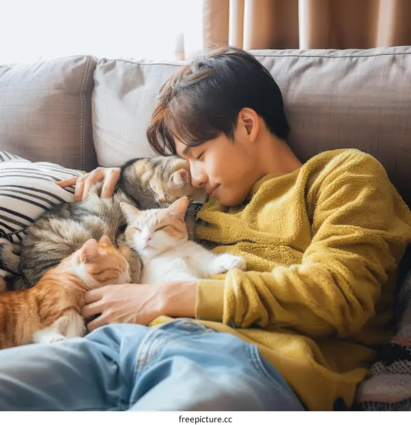 A young man is sleeping on a couch with three cats