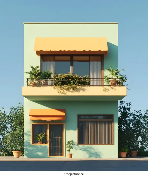 Green House with Yellow Awnings and Balcony
