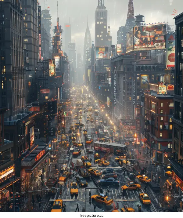 Rainy Metropolis Street Scene with Many People