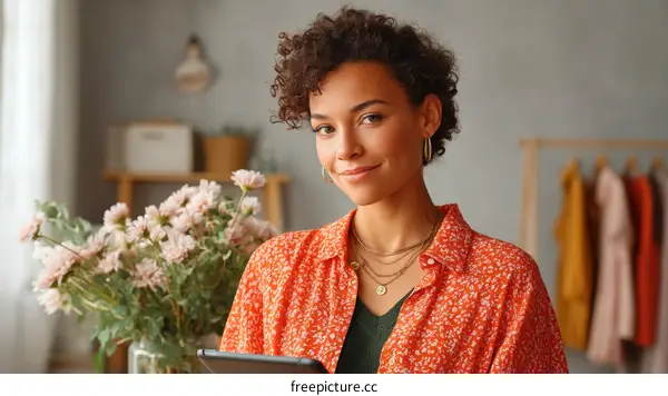 Woman Holding Tablet in Stylish Fashion Outfit