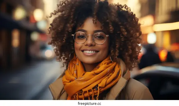 Portrait of a smiling young woman with curly hair wearing glasses and a scarf