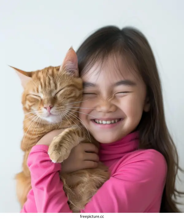 little girl hugging an orange cat
