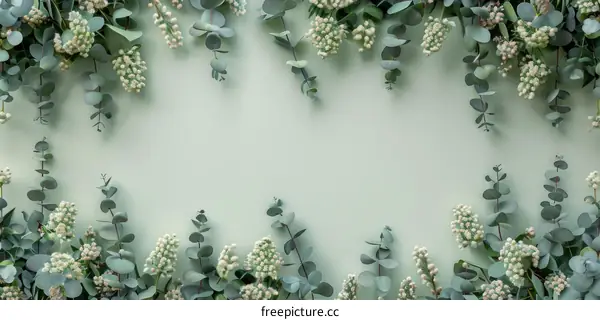 Close-up of eucalyptus branches with small white flowers on a pale green background