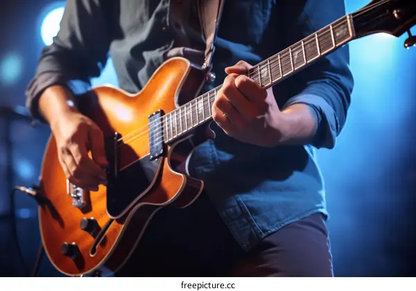 Close-up of a musician playing the guitar on stage