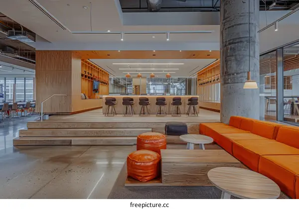 Modern office space with a raised platform and orange sofa