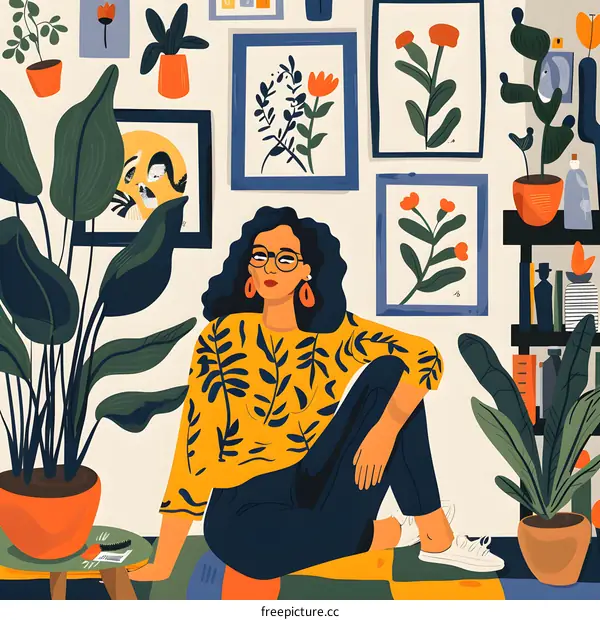 Woman Sitting In A Room Surrounded By Plants And Art