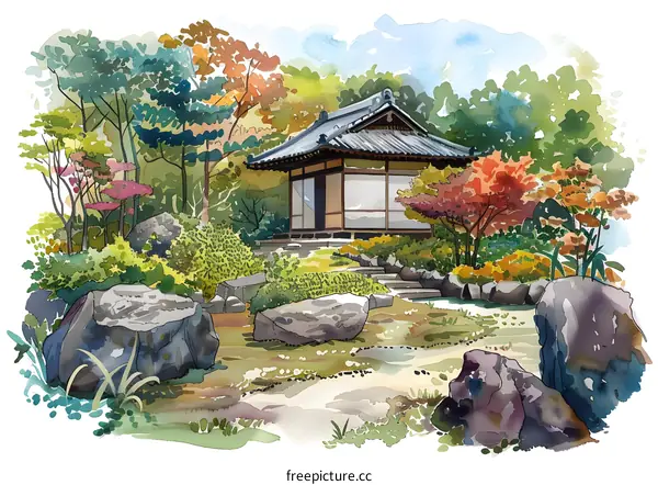 Watercolor Painting of Japanese Garden with Traditional House