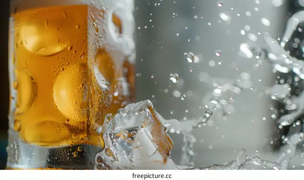 Cold Beer with Ice Cube Splashing