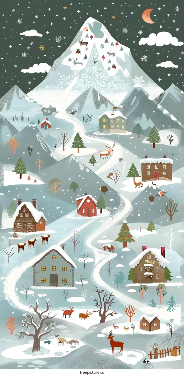 Winter Village Illustration with Snow Covered Mountain and Houses