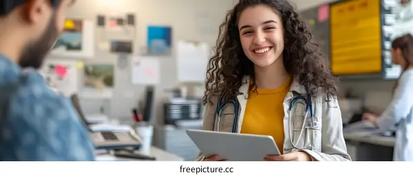 Young Female Doctor Using a Tablet Computer While Talking to a Patient