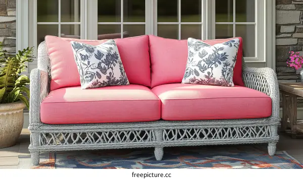 Pink Outdoor Wicker Loveseat with Cushions
