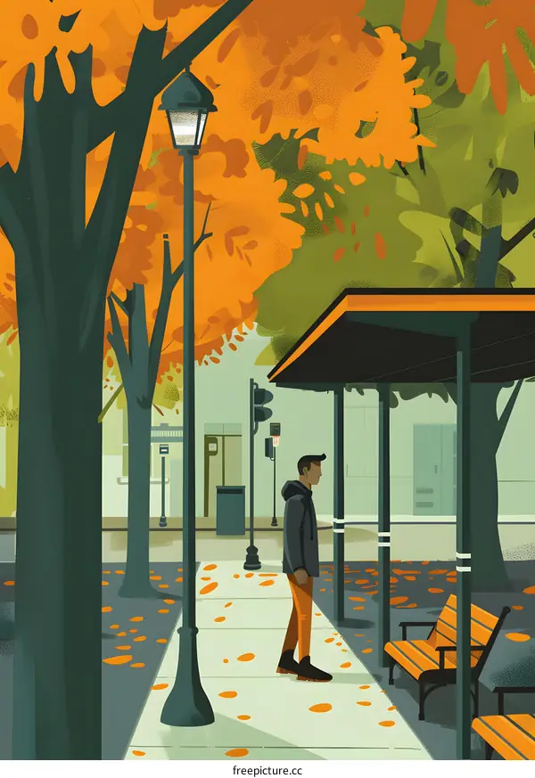 Autumn Scene with a Man Waiting at a Bus Stop