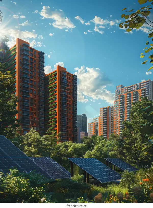Green City with Solar Panels and Vertical Gardens