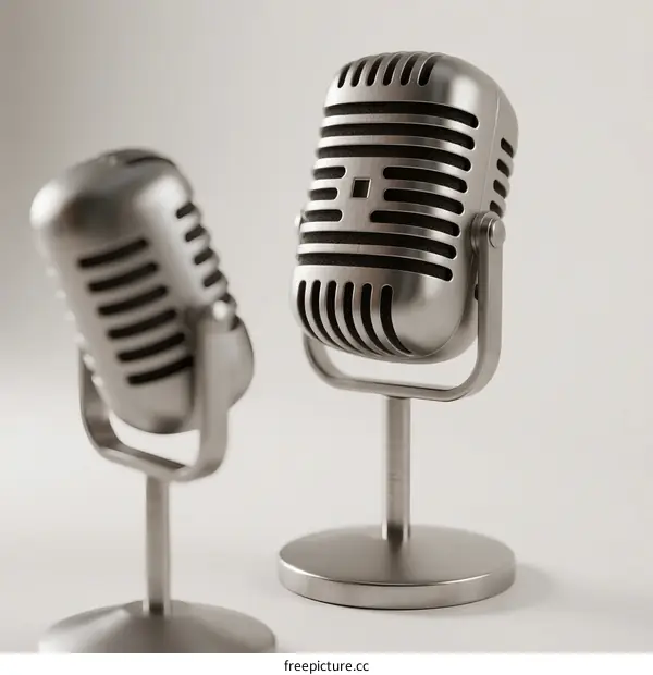 Two vintage-style microphones with metallic finish on stands