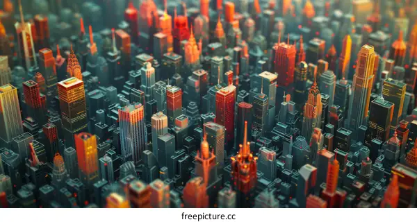 A 3D Rendering of a City with Skyscrapers and a Grid of Streets
