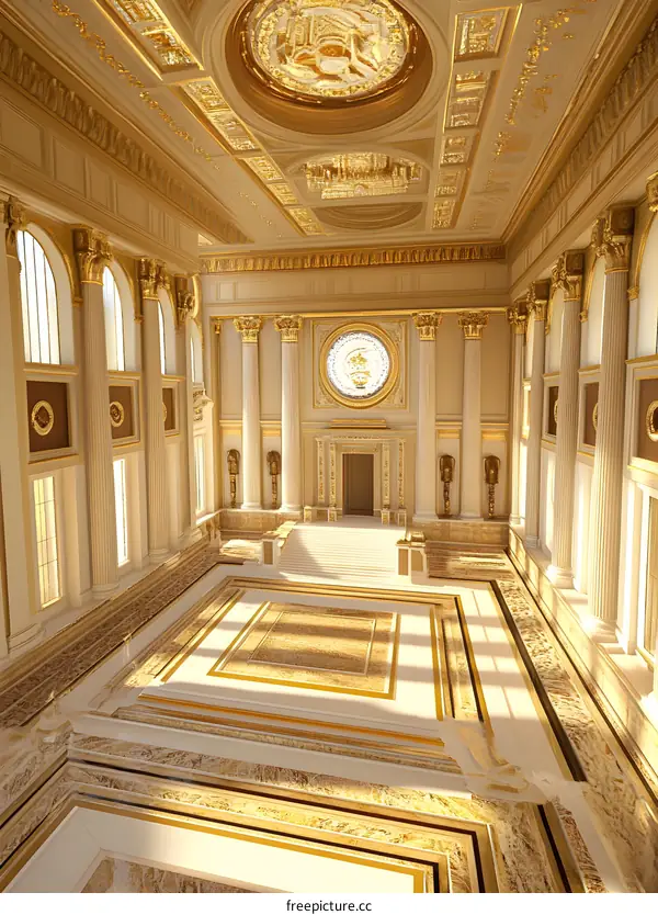 Golden Hall Interior with Marble Floor and Sunlight
