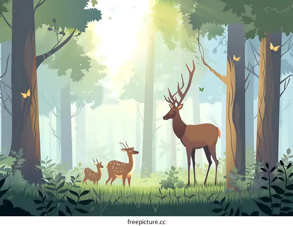Family of Deer in a Forest Illustration