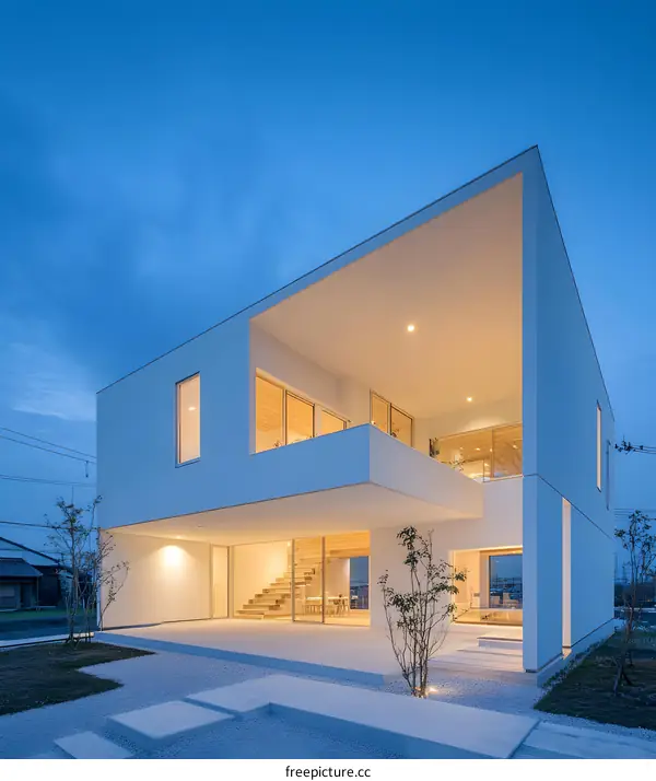 Modern White House With Large Windows and Open Balcony at Dusk