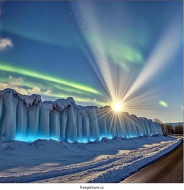 Aurora Borealis Over Ice Wall During Sunrise