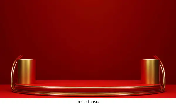 Modern Geometric Gold Cylinder Display on Red Background