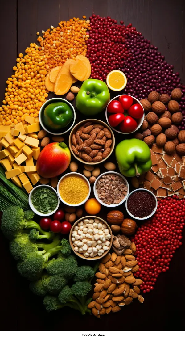 A variety of healthy foods are arranged in a circle on a wooden table.