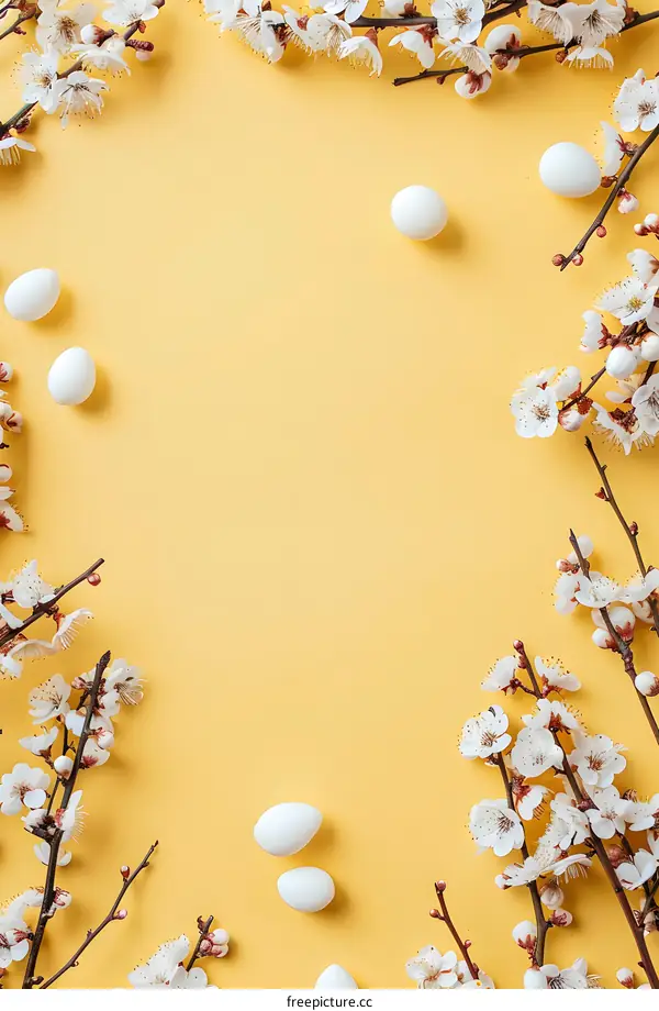 White Easter Eggs and Blooming Flowers on Yellow Background