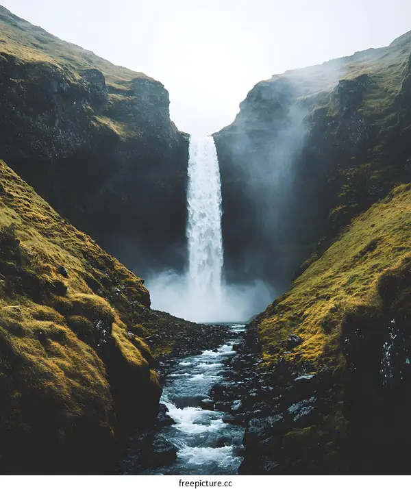 Majestic Waterfall Surrounded by Lush Green Hills