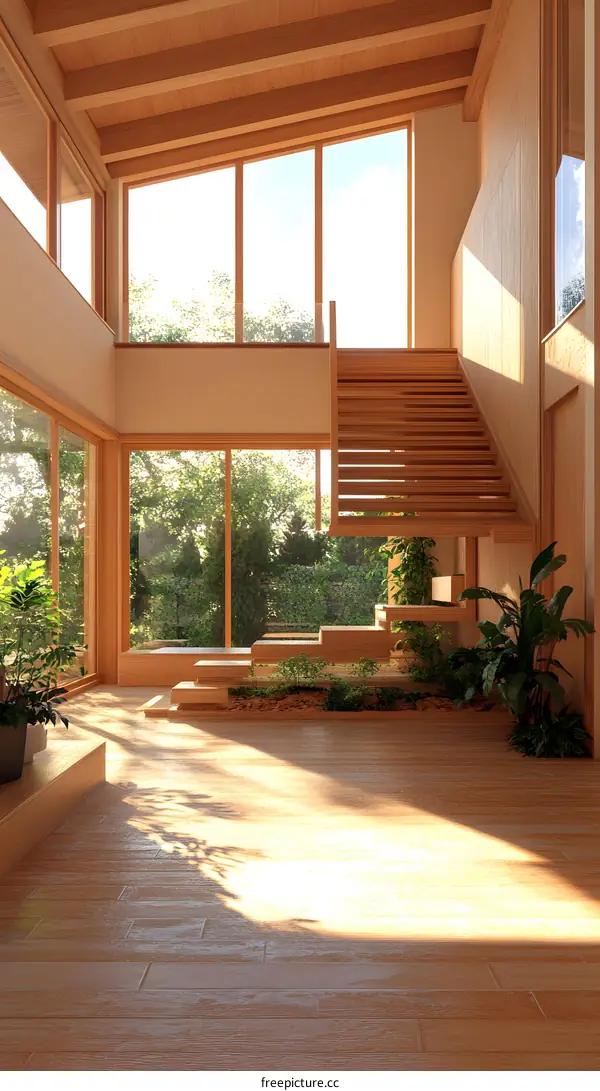 Modern Wooden Staircase Interior Design With Sunlight