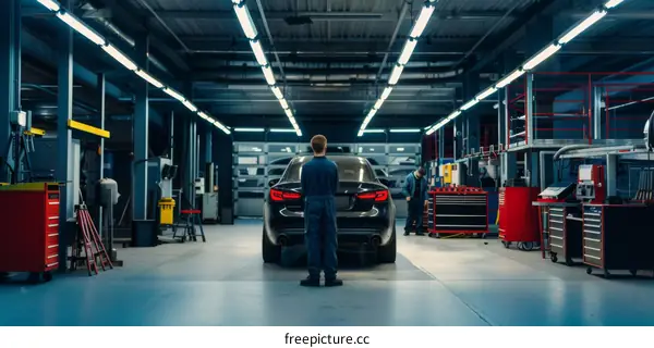 Auto repair shop with a mechanic looking at a car