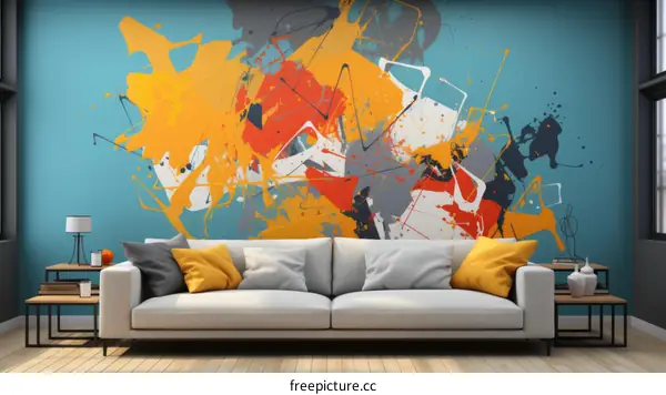 Abstract Canvas Painting in Blue, Orange, Yellow and White