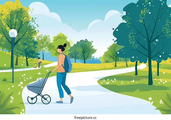 Woman Walking with Baby in Stroller in Park