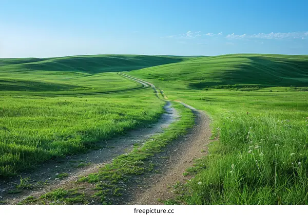 Dirt road through a lush green grassy hill