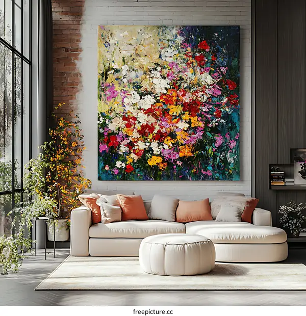 Abstract Painting of Colorful Flowers on Canvas