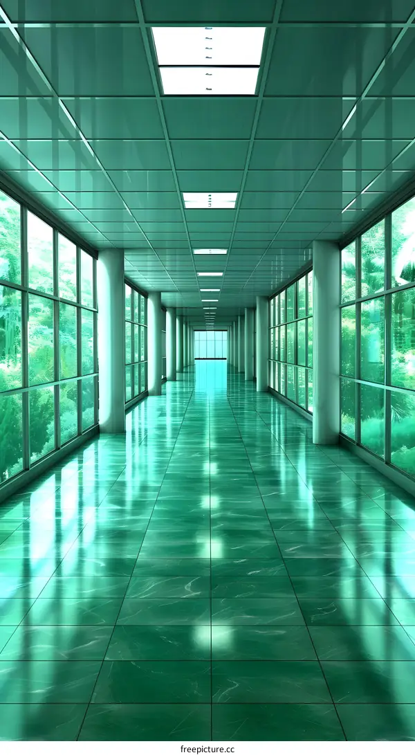 Green Tiled Hallway with Windows