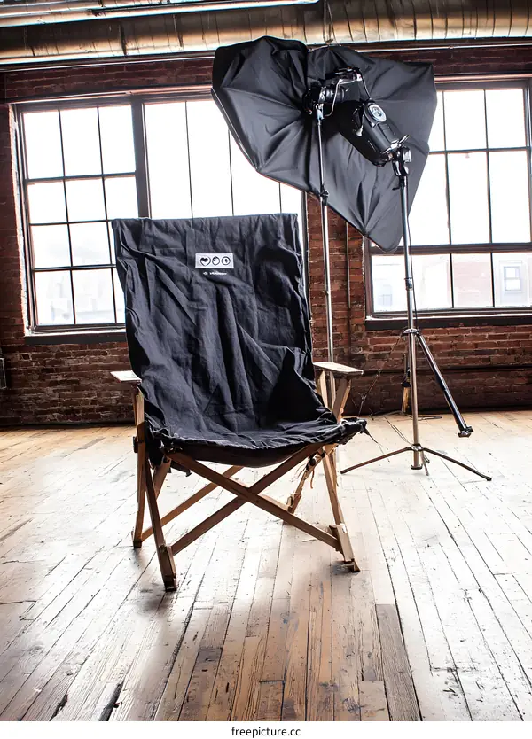 Black Directors Chair On Wooden Floor In Studio With Lighting