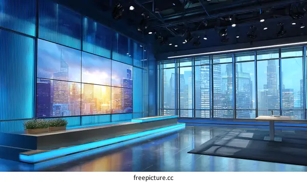 Modern News Studio with Cityscape Wall-Mounted Screens