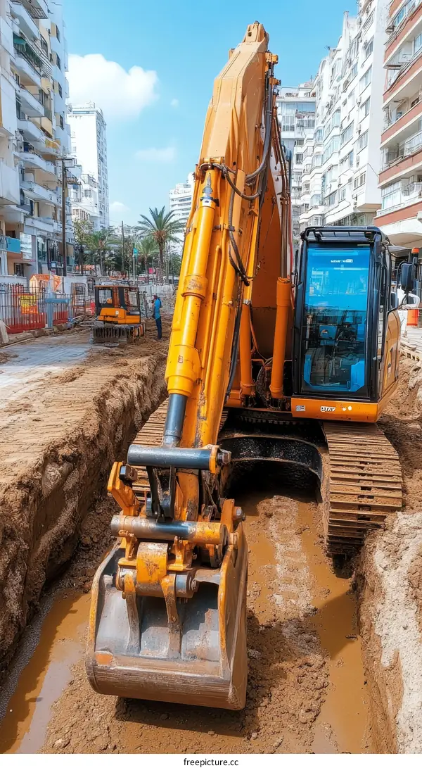 Excavator Digging a Trench in Urban Construction Site
