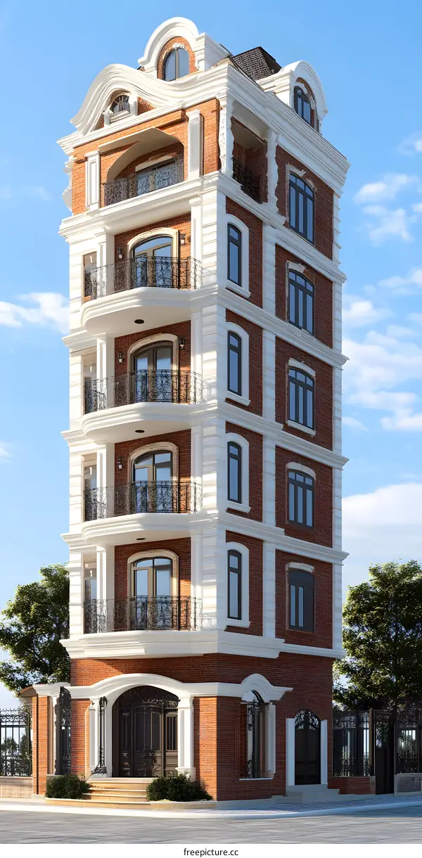 Red Brick Facade of a Modern Building with Balconies