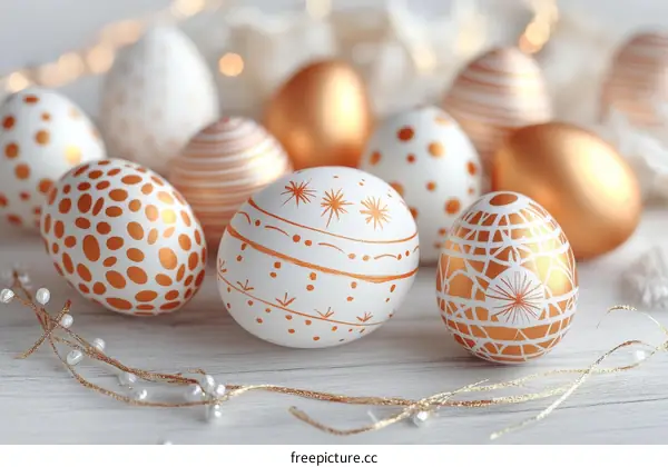 Decorated Easter Eggs on a White Wooden Background