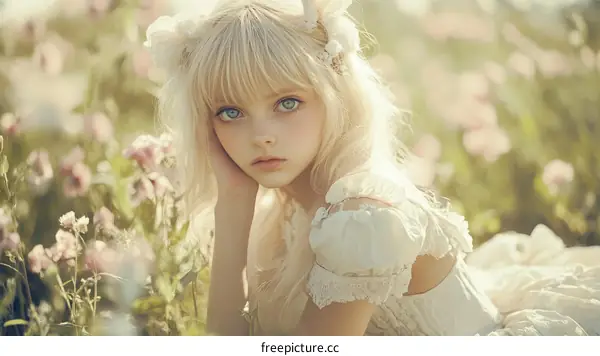 A Little Girl in a Flower Field Dress