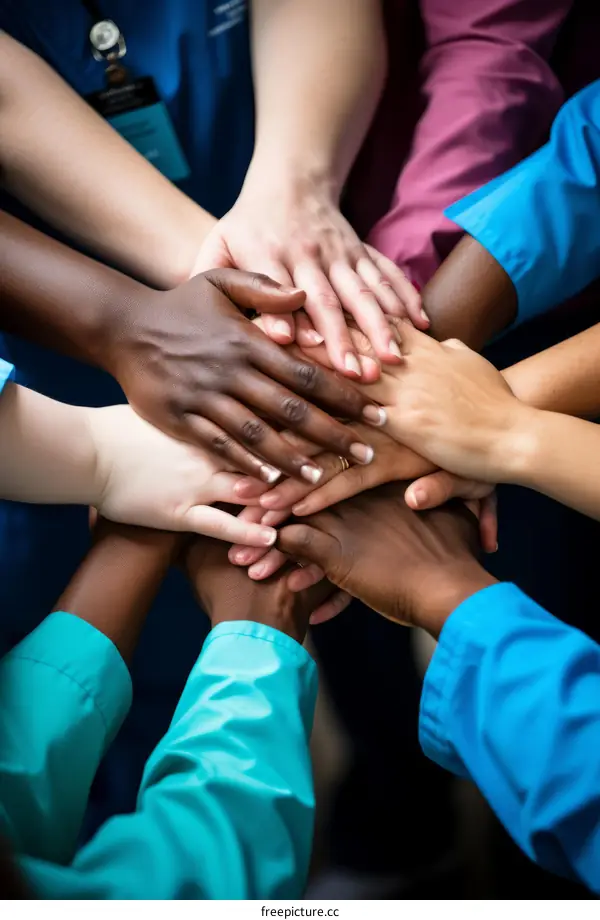 Multiracial group of doctors and nurses joining hands